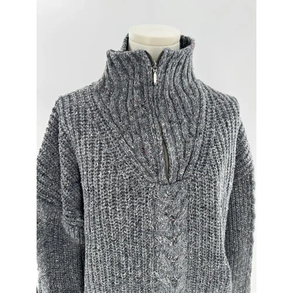 PrAna Womens Gray Cableknit Sweater Wool Blend Mock Neck 1/4 Zip M Cabincore - Picture 3 of 11